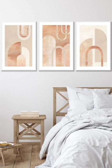 ARTZE Set of 3 White Framed Mid Century Terracotta & Beige Arches Wall Art - Size: W53 cm x H73 cm x D20mm - image 1