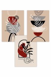 ARTZE Set of 3 Boho Abstract Floral in Black Beige Red & Grey Art Posters - Size: W50 cm x H70 cm - thumbnail 1