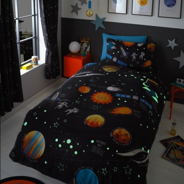 Happy Linen Company Kids Planets Space Rockets Glow In The Dark Navy Blue Duvet Cover Set - Size: Single - image 1