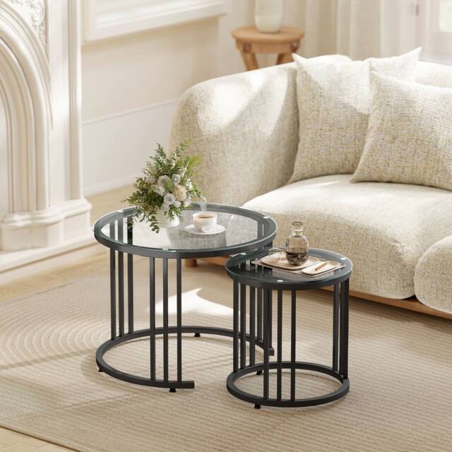 HOMCOM 2 Pieces Round Nesting Coffee Tables with Tempered Glass Top, Black - Size: 60 cm x 60 cm - image 1