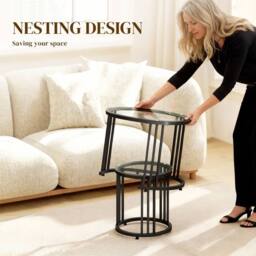 HOMCOM 2 Pieces Round Nesting Coffee Tables with Tempered Glass Top, Black - Size: 60 cm x 60 cm - thumbnail 4