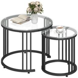 HOMCOM 2 Pieces Round Nesting Coffee Tables with Tempered Glass Top, Black - Size: 60 cm x 60 cm - thumbnail 2