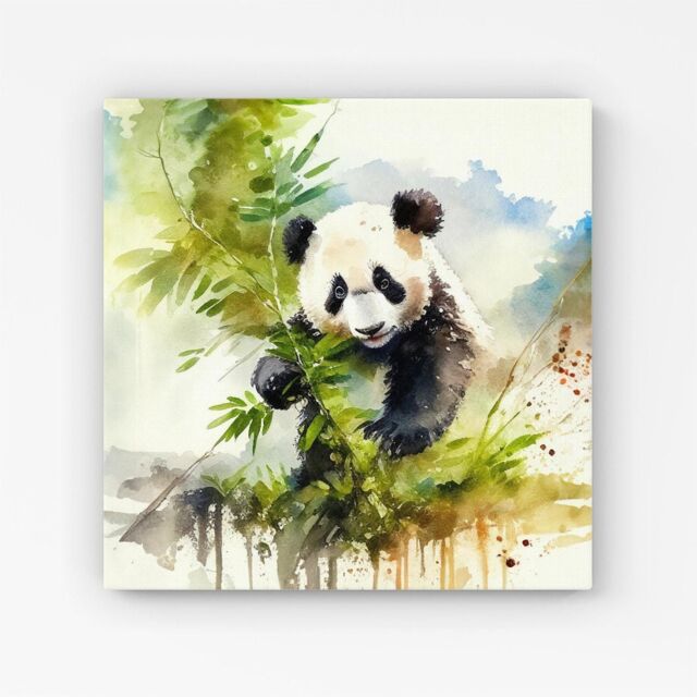Warren Reed - Designer Panda Eating Bamboo Watercolour Canvas in Brown - Size: w40 inch x h40 inch - image 1