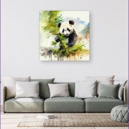 Warren Reed - Designer Panda Eating Bamboo Watercolour Canvas in Brown - Size: w40 inch x h40 inch - thumbnail 4