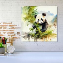 Warren Reed - Designer Panda Eating Bamboo Watercolour Canvas in Brown - Size: w40 inch x h40 inch - thumbnail 2