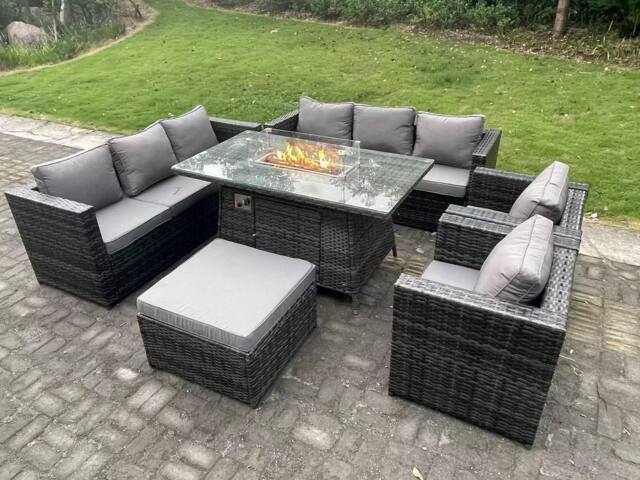 Fimous 9 Seater Outdoor PE Rattan Garden Furniture Set Gas Fire Pit Dining Table Gas Heater Burner Dark Grey - image 1