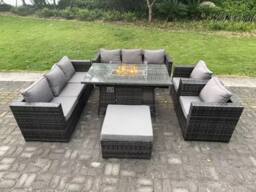 Fimous 9 Seater Outdoor PE Rattan Garden Furniture Set Gas Fire Pit Dining Table Gas Heater Burner Dark Grey - thumbnail 3