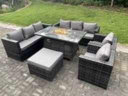 Fimous 9 Seater Outdoor PE Rattan Garden Furniture Set Gas Fire Pit Dining Table Gas Heater Burner Dark Grey - thumbnail 1