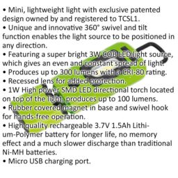 Loops Lightweight Swivel Inspection Light - 3W COB & 1W SMD LED - Rechargeable - Green - thumbnail 2