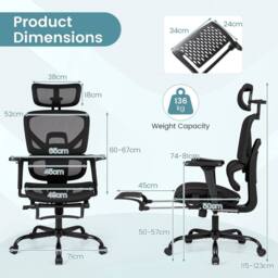 EONLION Mesh Ergonomic Office Chair with Footrest in Black - Size: 100 cm - thumbnail 2