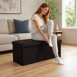 KORVIXA Black Faux Leather Foldable Storage Ottoman 76×37×37cm - Size: 100 cm x 100 cm - thumbnail 5