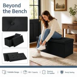 KORVIXA Black Faux Leather Foldable Storage Ottoman 76×37×37cm - Size: 100 cm x 100 cm - thumbnail 4