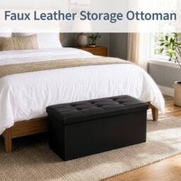 KORVIXA Black Faux Leather Foldable Storage Ottoman 76×37×37cm - Size: 100 cm x 100 cm - thumbnail 3