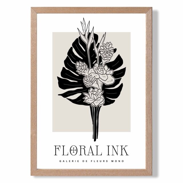 ARTZE Tropical Bouquet in Black & Beige Floral Ink Sketch Framed Print SIZE: A3 with Oak Frame - Size: A4 - image 1