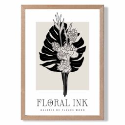 ARTZE Tropical Bouquet in Black & Beige Floral Ink Sketch Framed Print SIZE: A3 with Oak Frame - Size: A4