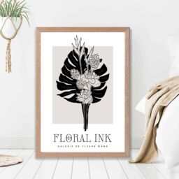 ARTZE Tropical Bouquet in Black & Beige Floral Ink Sketch Framed Print SIZE: A3 with Oak Frame - Size: A4 - thumbnail 2