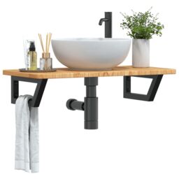 Berkfield Home Basin Shelf Wall Mounted Steel & Solid Wood Oak in Brown - thumbnail 1