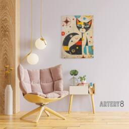 "Artery8 Abstract Mid Century Modern Atomic Cat Canvas Wall Art Print in Beige - Size: W18"" x H24""" - thumbnail 3