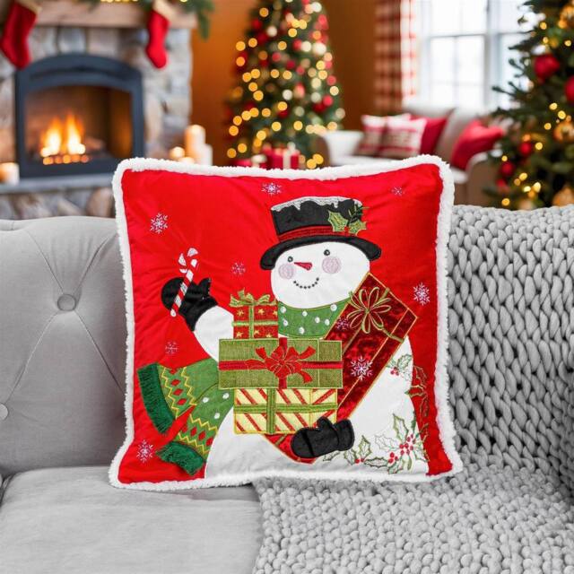 Luxury Living Christmas Embroidered Snowman Cushion with Gifts & Candy Cane in Red - Size: 45 cm x 45 cm - image 1