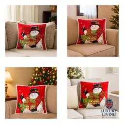 Luxury Living Christmas Embroidered Snowman Cushion with Gifts & Candy Cane in Red - Size: 45 cm x 45 cm - thumbnail 6