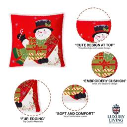 Luxury Living Christmas Embroidered Snowman Cushion with Gifts & Candy Cane in Red - Size: 45 cm x 45 cm - thumbnail 4
