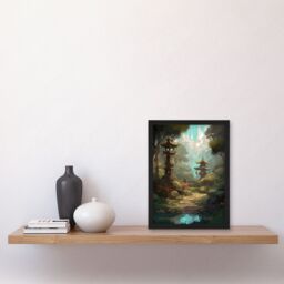 Artery8 Wall Art Print Traditional Japan Garden Painting with Towers & Stone Lanterns Bright Lake Spring Landscape Art Framed in Green - Size: A4 - thumbnail 4