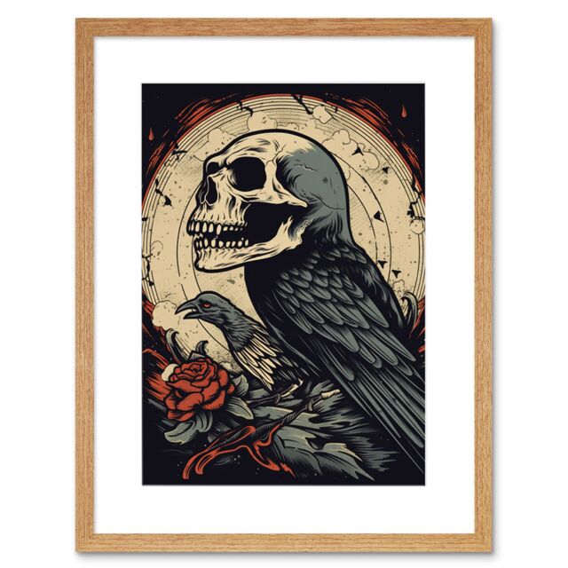 "Artery8 Wall Art Print Raven Human Skull Old School USA Tattoo Ink Body Rockabilly Americana 50s Artwork Framed 9X7 Inch in Beige - Size: W7"" x H9""" - image 1