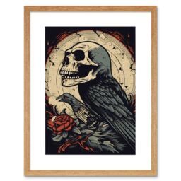 "Artery8 Wall Art Print Raven Human Skull Old School USA Tattoo Ink Body Rockabilly Americana 50s Artwork Framed 9X7 Inch in Beige - Size: W7"" x H9""" - thumbnail 1