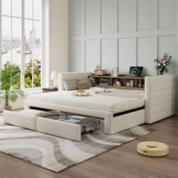 BTM 3FT Daybed Trundle Storage Sofa Bed Linen Upholstered Beige - thumbnail 3