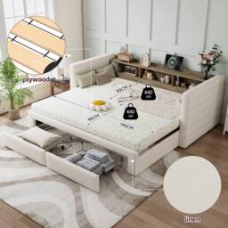 BTM 3FT Daybed Trundle Storage Sofa Bed Linen Upholstered Beige - thumbnail 6