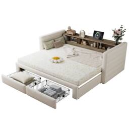 BTM 3FT Daybed Trundle Storage Sofa Bed Linen Upholstered Beige - thumbnail 7