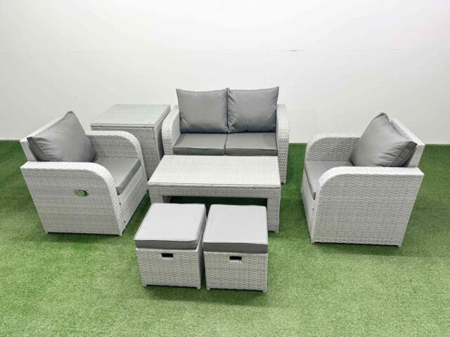 Fimous Light Grey PE Wicker Rattan Garden Furniture Set Sofa Set Reclining Adjustable Chair Oblong Coffee Table 6 Seater 2 Small Stools Side Table - image 1