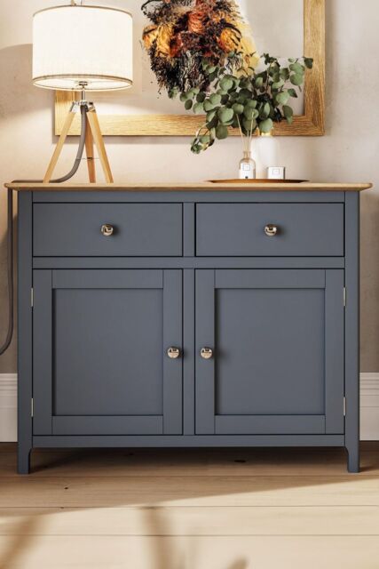 FWStyle Oak Veneer Sideboard Graphite Blue 2 Doors 2 Drawers Storage Cabinet - image 1