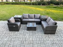 Fimous Rattan Garden Furniture 6 Piece Patio Set With Table Sofa Square Coffee Table Reclining Chair Loveseat sofa 2 Side Tables in Dark Grey - thumbnail 1
