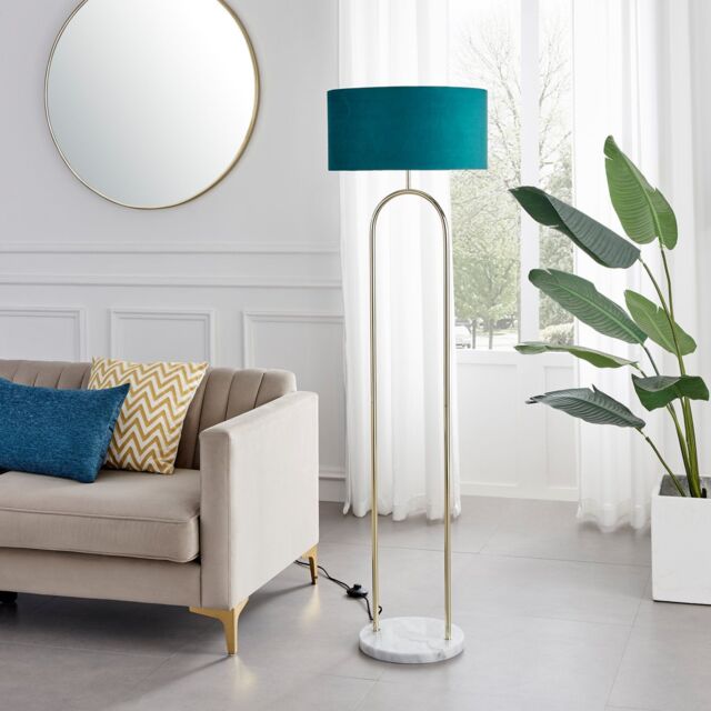FurnitureboxUK Danielle Art Deco Floor Lamp In Brass Plate With Teal Velvet Shade & Marble Base in Gold - image 1