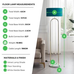 FurnitureboxUK Danielle Art Deco Floor Lamp In Brass Plate With Teal Velvet Shade & Marble Base in Gold - thumbnail 8
