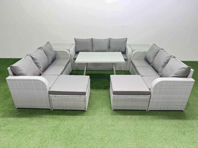 Fimous 11 Seat Outdoor Rattan Garden Furniture with 2 Side Tables Light Grey - image 1