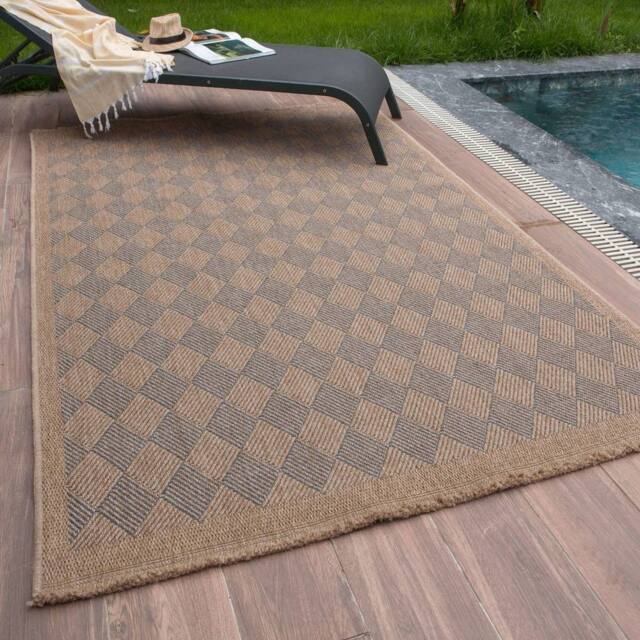 THE RUGS Jute Looking Diamond Design Outdoor Rugs Garden Patio Nature 5300 in Blue - Size: 240 cm x 340 cm - image 1