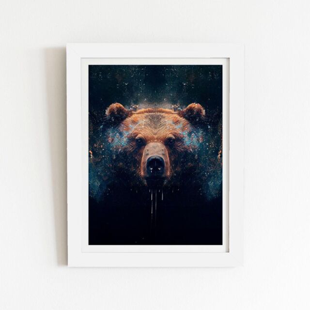 "Warren Reed - Designer Brown Bear Face Splashart Framed Art Print in White - Size: W16"" x H24""" - image 1
