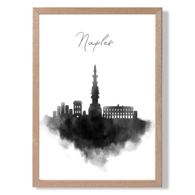ARTZE Naples Watercolour Skyline City Framed Print SIZE: A2 with Oak Frame in Black - image 1