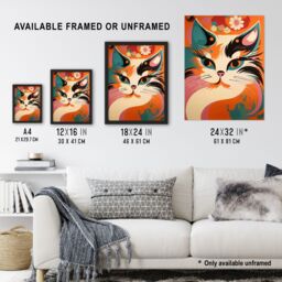 "Artery8 Wall Art Print Cat Graphic 1960s Painting Orange Blue Teal Pink Floral Retro Boho Animal Portrait Poster - Size: W18"" x H24""" - thumbnail 3
