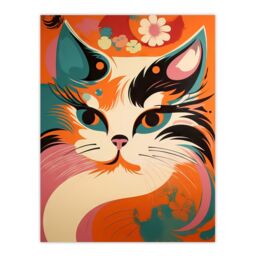 "Artery8 Wall Art Print Cat Graphic 1960s Painting Orange Blue Teal Pink Floral Retro Boho Animal Portrait Poster - Size: W18"" x H24""" - thumbnail 1