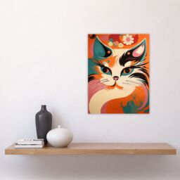 "Artery8 Wall Art Print Cat Graphic 1960s Painting Orange Blue Teal Pink Floral Retro Boho Animal Portrait Poster - Size: W18"" x H24""" - thumbnail 4