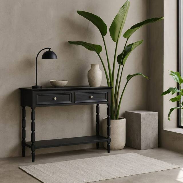Wyld Haus Ploumanach 2 Drawer Black Wooden Console Table with Bottom Shelf - image 1