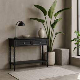 Wyld Haus Ploumanach 2 Drawer Black Wooden Console Table with Bottom Shelf - thumbnail 1
