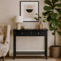 Wyld Haus Ploumanach 2 Drawer Black Wooden Console Table with Bottom Shelf - thumbnail 2