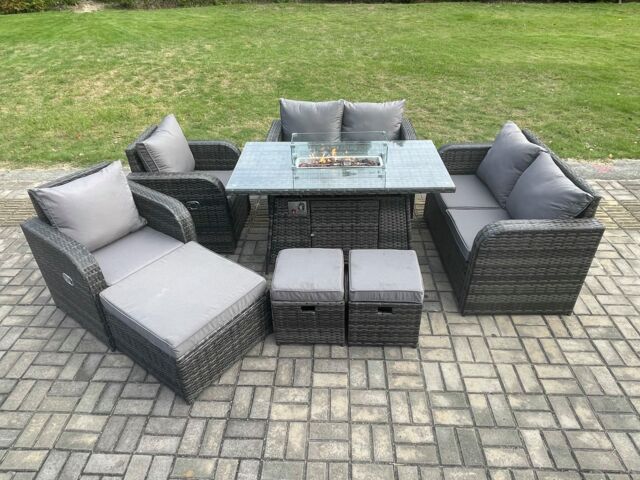 Fimous 9 Seater Rattan Garden Furniture Set Propane Gas Fire Pit Table & Sofa Chair set with 3 Footstool in Dark Grey - image 1