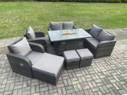 Fimous 9 Seater Rattan Garden Furniture Set Propane Gas Fire Pit Table & Sofa Chair set with 3 Footstool in Dark Grey - thumbnail 3