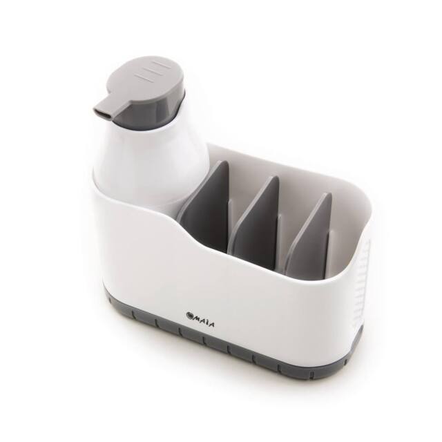 mysmartbuy Sink Tidy with 250ml Soap Dispenser - Bathroom or Kitchen Space Saving Organiser with Vented Base & Drip Tray - H18 x W18 x D8cm in White - image 1