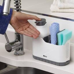 mysmartbuy Sink Tidy with 250ml Soap Dispenser - Bathroom or Kitchen Space Saving Organiser with Vented Base & Drip Tray - H18 x W18 x D8cm in White - thumbnail 3